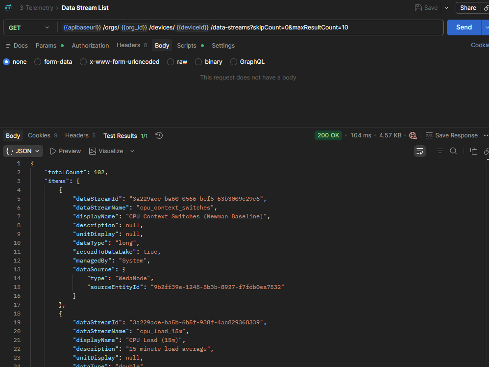 postman list data streams